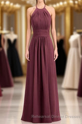 Burgundy Chiffon Halter Long Bridesmaid Dress with Lace Strap